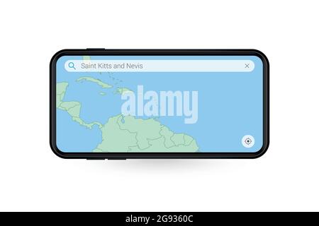 Suche Karte von St. Kitts und Nevis in Smartphone-Karte-Anwendung. Karte von St. Kitts und Nevis in Handy. Vektorgrafik. Stock Vektor