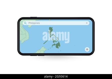 Suche Karte von Philippinen in Smartphone Karte-Anwendung. Karte der Philippinen in Handy. Vektorgrafik. Stock Vektor