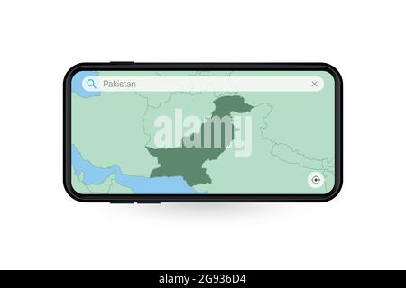 Suche Karte von Pakistan in Smartphone Karte-Anwendung. Karte von Pakistan in Handy. Vektorgrafik. Stock Vektor