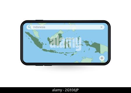 Suche Karte von Indonesien in Smartphone-Karte-Anwendung. Karte von Indonesien in Handy. Vektorgrafik. Stock Vektor