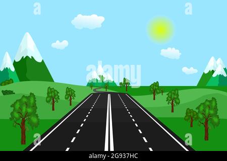 Landstraße in grünen Feldern und Bergen. Sommer- oder Frühlingslandschaft. Straße, grüne Hügel, blauer Himmel, Wiese und Berge. Vektorgrafik für Aktien Stock Vektor