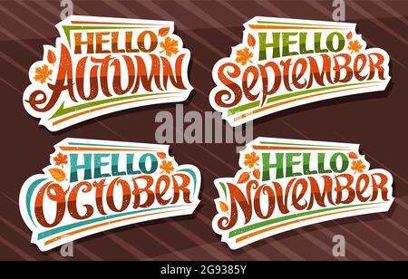 Vektor-Set für die Herbstsaison, weiße Logos mit lockiger kalligraphischer Schrift, herabfallende Herbstblätter und dekorative Konfetti, Sammlung von isolierten Sticker Stock Vektor