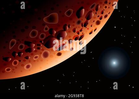 Mars. Sonnensystem-Planet. Große rote Planetenlandschaft. Abstrakter wissenschaftlicher Hintergrund. Raumgestaltung. Glühender Planet Mars und heller Stern im Raum.Vektor Stock Vektor