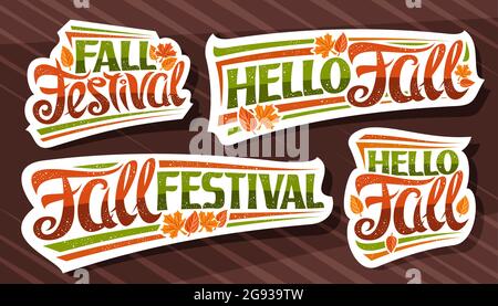 Vektor-Set für die Herbstsaison, weiße Logos mit geschwungen kalligraphischen Schrift, fallende Herbstblätter und dekorative Konfetti, Sammlung von isolierten Sticker w Stock Vektor
