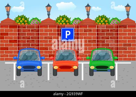 Geparkte Autos in einer Parkzone. Stadtparkplatz auf öffentlichem Park.Fahrzeugparkplatz entlang der Stadtstraße mit Ziegelzaun und Straßenbeleuchtung.Vektorgrafik Stock Vektor