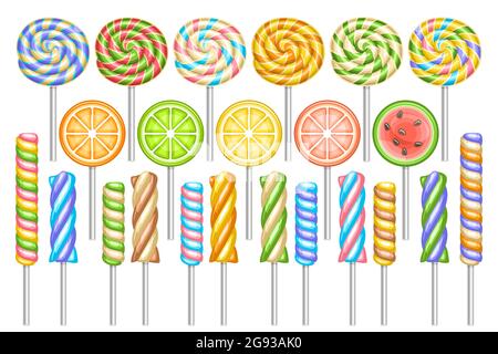 Vector Set von Lollipops, Lot Sammlung von 23 ausgeschnittenen Illustrationen von verschiedenen lockigen und wirbelleckeren Lollipops auf Sticks, Gruppe von vielen isolierten Fr. Stock Vektor