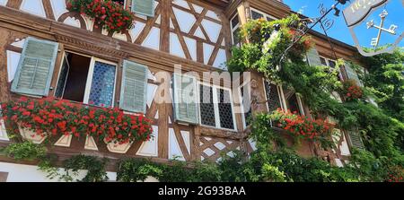 Alte Häuser in einem schönen Dorf von Turckheim, Frankreich Stockfoto