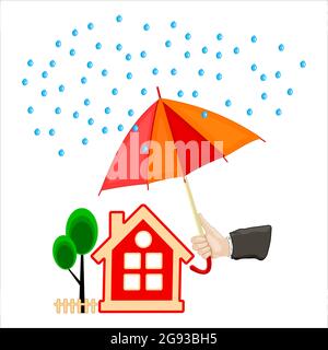Hand hält einen Regenschirm schützenden Haus isoliert auf weißem Hintergrund. Konzept der Sicherheit von Eigentum oder Versicherung zu Hause. Vektorgrafik für Aktien Stock Vektor