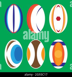 Set von unterschiedlich farbigen Rugby-Kugeln isoliert auf grünem Hintergrund Stock Vektor