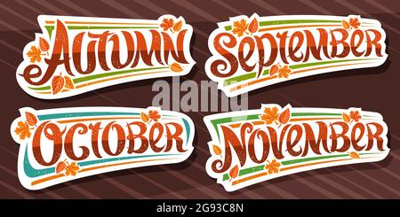 Vektor-Set für die Herbstsaison, weiße Logos mit lockiger kalligraphischer Schrift, herabfallende Herbstblätter und dekorative Konfetti, Sammlung von isolierten Sticker Stock Vektor