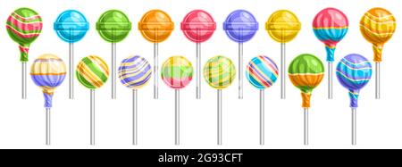 Vektor-Set Lollipops, Lot-Sammlung von 17 ausgeschnittenen Illustrationen verschiedener Umhüllungen und gestreiften Lollipops auf Sticks, Banner mit Gruppe von Isolat Stock Vektor