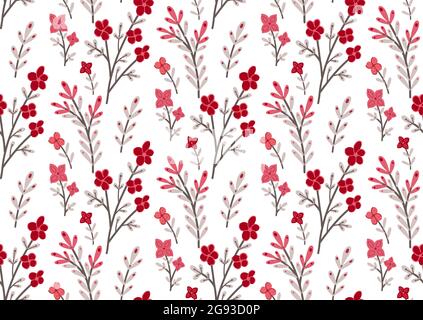 Nahtloses Muster mit kleinen rosa Blüten auf Ästen auf weißem Hintergrund. Natürliche Textur mit Sakura-Zweigen. Vektor-Tapete mit Blumenmuster. Zarte fa Stock Vektor