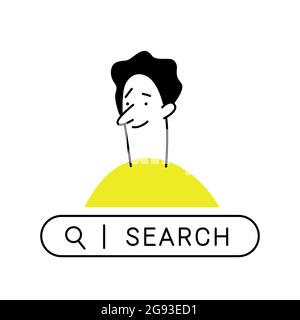 Skizzieren Cartoon Mann . Neugieriger Mann mit Suchleiste, auf der Suche nach etwas im Internet. Business, Suche, Forschung, Entwicklung, Web-Surf-Konzept Stock Vektor