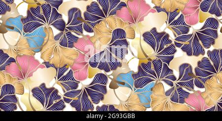 Ginkgo biloba hinterlässt ein nahtloses Muster im trendigen Minimal-Style. Blätter von Ginkgo bilboa. Florales Design für Luxus elegante Wandkunst, Innenarchitektur, PR Stock Vektor