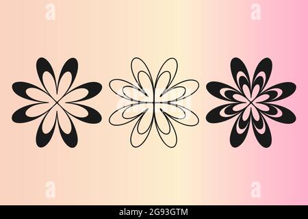 Grafische Blumen, Ikonen-Set, schwarzer Umriss, gefüllte Formen, Silhouetten für Web-Deko-Projekte. Hintergrund mit verlaufshellem Licht. Vektor Stock Vektor