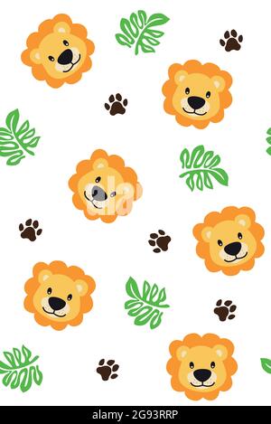 Seamless pattern for childrens with lion, leaf and footsteps on white background Stock Vektor