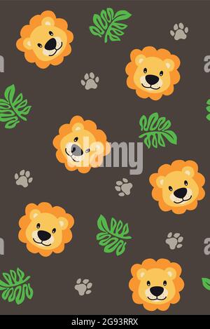 Seamless pattern for childrens with lion, leaf and footsteps on dark background Stock Vektor