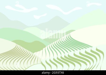 Reisfeld-Poster. Chinesische landwirtschaftliche Terrassen in der Berglandschaft. Neblige ländliche Farmlandschaft mit grünem Reisfeld. Terrassenförmig angelegte Bauernplantage. Horizontaler Hintergrund der asiatischen Landwirtschaft Stock Vektor