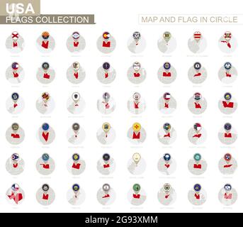 Karte und Flagge in Circle, Sammlung der US-Bundesstaaten. Alphabetisch sortierte Flaggen und Karten. Vektorgrafik. Stock Vektor