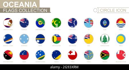 Alphabetisch sortierte Kreisflaggen Ozeaniens. Satz von runden Flaggen. Vektorgrafik. Stock Vektor
