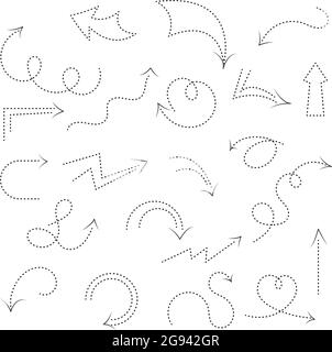Ein Satz dekorativer Pfeile nach oben und unten, kreisförmig und gerade mit gepunkteter Linie. Sammlung von Symbolen auf weißem Hintergrund. Doodle-Stil. Schwarzer Outlin Stock Vektor