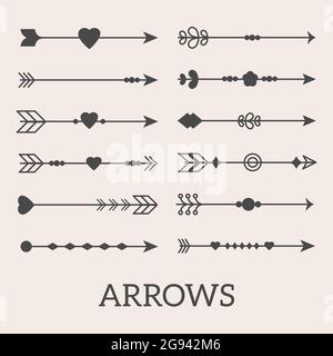 Ein Set mit dekorativen Boho-Pfeilen mit Herzen, Punkten und Linien. Isolierte Objekte für Scrapbooking, Banner und Webinterfaces Stock Vektor