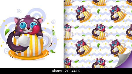 Set von Vektor nahtlose Muster mit süßen lustigen Tier Katze in der Tasse und süße Baby Illustration Kinder-Print für Tapeten. Verpackung oder Textil. Stock Vektor