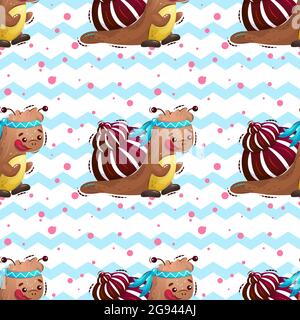 Niedlicher Schneckensportler läuft quer. Vektor nahtlose Muster für Kinder im Stil von Cartoon. Stock Vektor