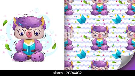 Das niedliche Alpaka-Tier sitzt in einer Lotuspose und liest ein Buch. Vektor flach nahtlose Muster und Illustration im Stil eines Zeichentrickfilms. Stock Vektor