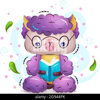 Das niedliche Alpaka-Tier sitzt in einer Lotuspose und liest ein Buch. Vektor flache Illustration im Stil eines Zeichentrickfilms Stock Vektor