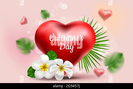 Valentinstag. Vektor süß und niedlich rosa Hintergrund mit realistischen 3D roten haeart und exotischen Blättern und Blume Frangipani. Banner für die Website oder po Stock Vektor