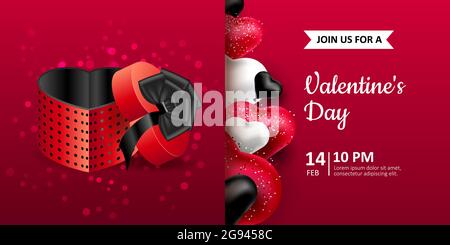 Alles Liebe zum Valentinstag. Vektor-Postkarte Einladung mit realistischer Verpackung Box und herzförmigen Ballons. Roter Hintergrund, schwarz-weiße Ballons Stock Vektor