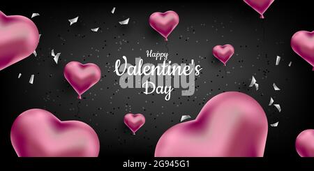 Valentinstag. Ein süßer, niedlicher schwarzer Hintergrund mit realistischen 3D-Herzen und Konfetti. Vektorgrafik für Banner, Karte. Hochzeitseinladung, Mutter Stock Vektor