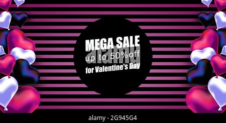 Valentinstag. Vektor-Banner mit realistischen Ballonen in Herzform und gestreiftem Hintergrund. Mega-Rabatt-Angebot. Banner, Postkarte mit einem p Stock Vektor