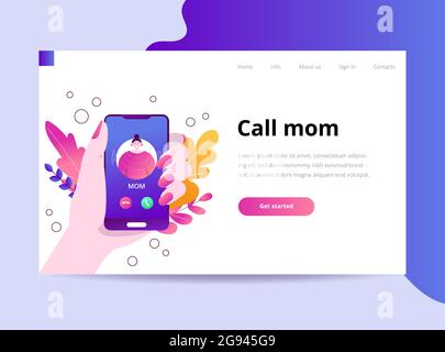 Mama telefoniert. Eingehender Anruf auf dem smratphone. Die Hand hält das Telefon. Vektorvorlage für Landing Page und Website. Flache Trendillustration Stock Vektor