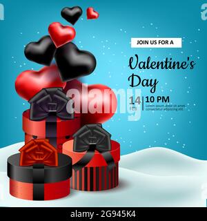 Valentinstag. Vektor realistische Illustration mit roten und schwarzen Verpackungskartons mit Bändern und Schleifen. Herzballons. Schnee und Schneeverwehungen. B Stock Vektor