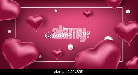 Happe Valentinstag. Vektor-Banner mit rosa Luftballons in Form eines Herzens und Perlen. Platzieren für Text, Rahmen. Realistische Darstellung Stock Vektor