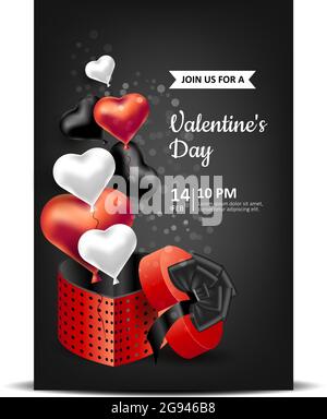 Valentinstag. Vektor-Illustration mit einer roten Verpackung und herzförmigen Ballons. Einladung zu einem Feiertag, einer Hochzeit und einem Geburtstag Stock Vektor