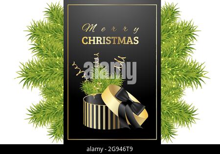 Weihnachtsgeschenk mit grünen Zweigen der Fichte. Packkiste mit Streifen und einer schwarzen Schleife. Vektorhintergrund für Banner, Karten, Karten, Präsentationen a Stock Vektor