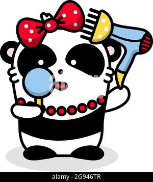 Niedliche Vektor Tier Panda kawaii Illustration. Das Bärenmädchen geht auf ein Date. Trocknet Ihr Haar mit einem Haartrockner und sieht in den Spiegel. Isolierte Stock Vektor