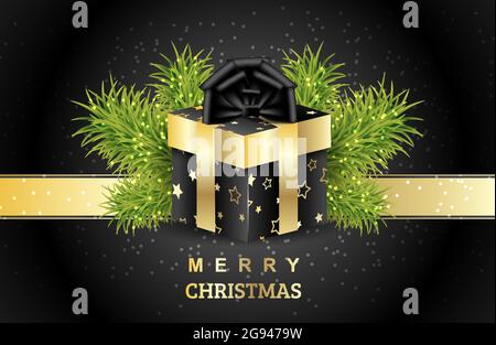 Weihnachtsgeschenk mit grünen Zweigen der Fichte. Verpackungsbox mit goldenen Sternen und einer schwarzen Schleife. Goldenes Band auf schwarzem Hintergrund. Vektorhintergrund für Stock Vektor