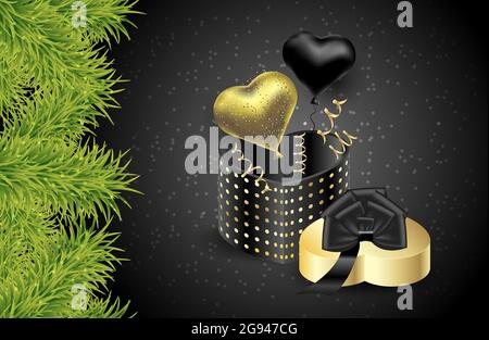 Weihnachtsgeschenk mit grünen Zweigen der Fichte. Verpackungsbox mit Gold und schwarzem Herz formt Ballons eine schwarze Schleife. Vektor-Hintergrund für Banner, Auto Stock Vektor