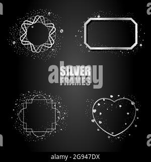Set aus silbernen Metallrahmen mit Vektorgrafik. Vektor isolierte Objekte auf schwarzem Hintergrund. Für Hochzeitseinladungen, Geburtstagskarten, Banner, Stock Vektor