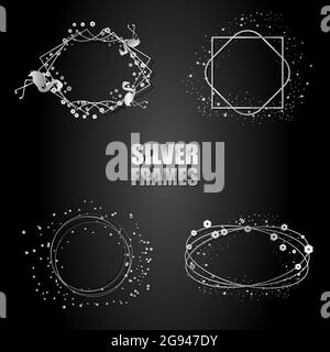 Set aus silbernen Metallrahmen mit Vektorgrafik. Vektor isolierte Objekte auf schwarzem Hintergrund. Für Hochzeitseinladungen, Geburtstagskarten, Banner, Stock Vektor