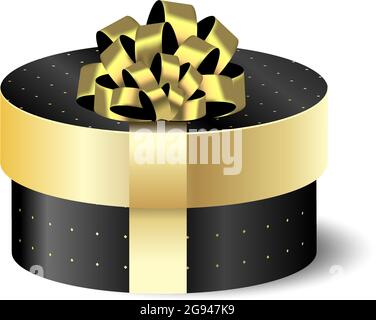 Runde Verpackung 3D schwarz mit Gold. Vektor isoliertes Objekt. Geschenk für weihnachten und Neujahr. Goldene Schleife Stock Vektor