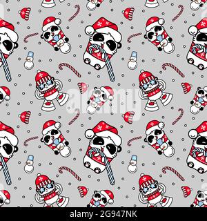 Pandas kawaii santa Nahtloses Muster. Niedliche Vektor glücklich Bär in einem Weihnachtshut frisst einen Lollipop. Linearer Stil. Druck für Textil. Geschenkpapier, Bann Stock Vektor