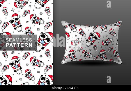 Panda Kawaii santa Nahtloses Muster. Mockup-Kissen. Nette Vektor glücklich Bär in weihnachtshut macht einen Schneemann. Druck für Textil. Geschenkpapier, Banner Stock Vektor