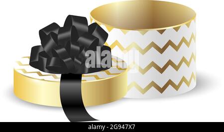 Runde Verpackung 3D weiß mit Gold. Goldenes Zickzack-Geschenkpapier. Vektor isoliertes Objekt. Geschenk für weihnachten und Neujahr. Schwarze Schleife Stock Vektor