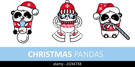 Set von Pandas kawaii santa Sticker. Nette Vektor glücklich Bär in weihnachtshut macht einen Schneemann. Isolierte Objekte auf weißem Hintergrund. Weihnachten illustra Stock Vektor