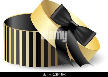 Runde Verpackung 3D schwarz mit Gold. Vektor isoliertes Objekt. Geschenk für weihnachten und Neujahr. Schwarze Schleife Stock Vektor